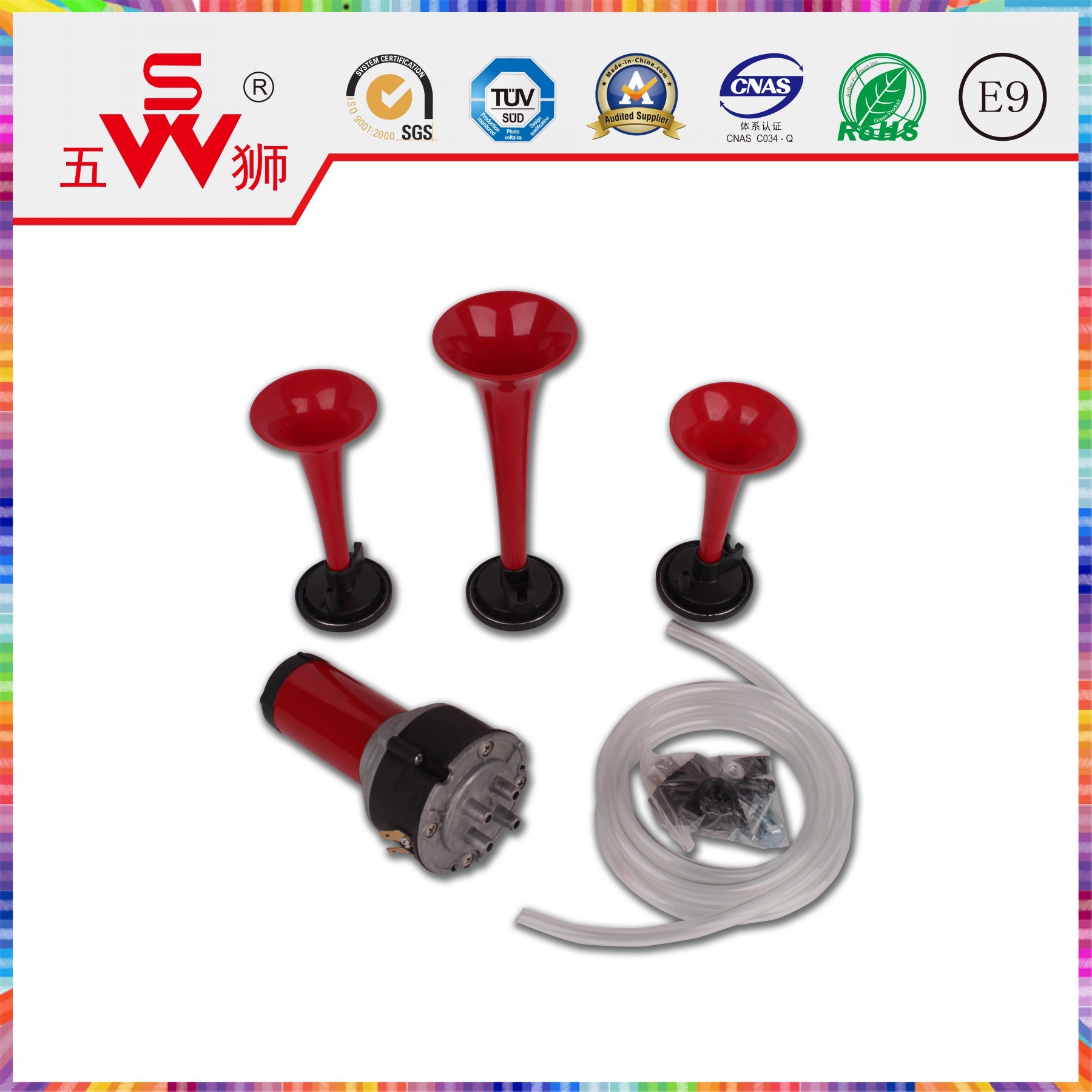 Car Horn Red Three-Way Air Horn Speaker