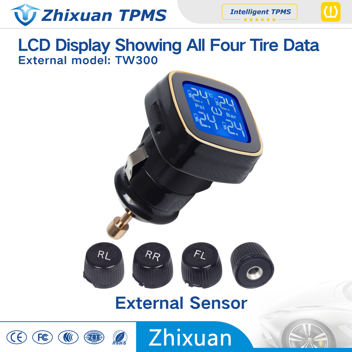 Car TPMS Tire Pressure LCD Digital Monitoring System Wireless 4 Sensors Psi Unit