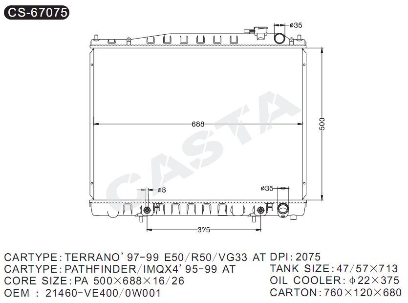 Attractive Price Aluminum Radiator for Terrano'97-99 E50/R50/Vg33 At