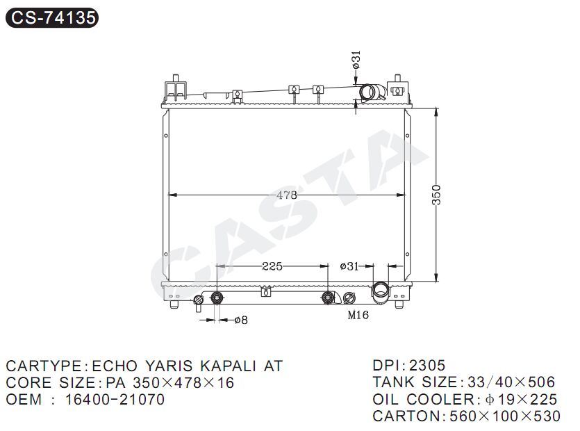 Automotive engine radiator for Echo Yaris Kapali At