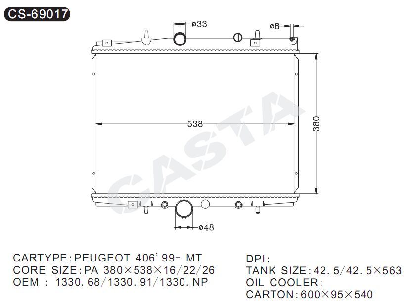 Best quality aluminum auto radiator for Peugeot 406'99-Mt